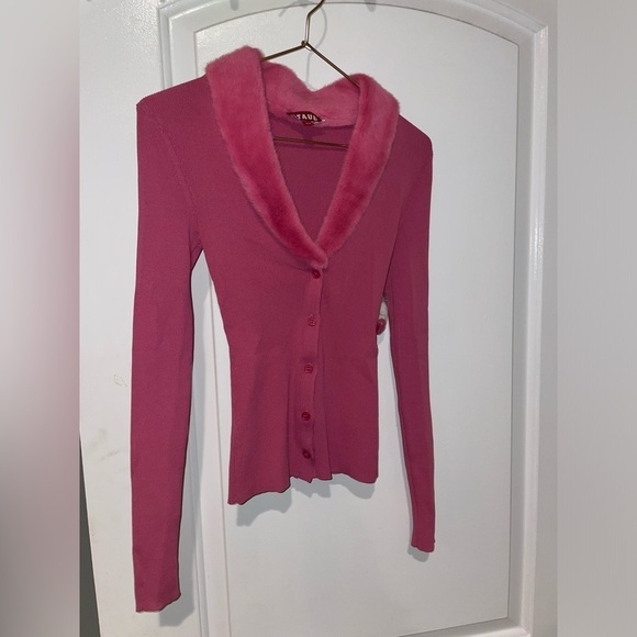 New! STAUD 💗 Celina Faux Fur Collar Rib Knit Top In Lollipop 💗 XS! SALE! - Picture 10 of 14